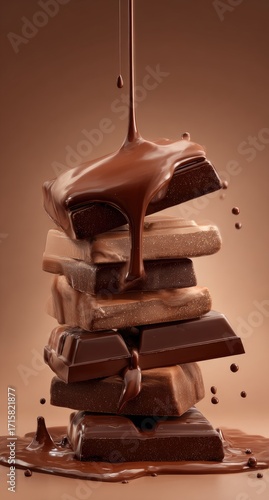 Melted chocolate cascading over a stack of assorted chocolate bars of varying shades against a muted brown backdrop