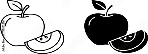 Apple with Slice Vector Icon Set. Line and Solid Healthy Fruit Symbol, Nutrition and Diet Illustration