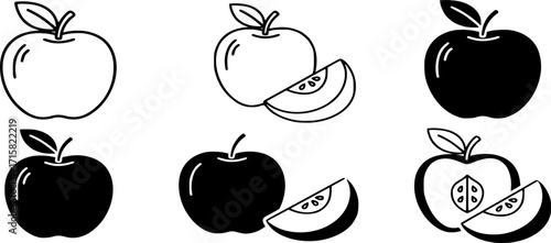 Apple with Slice Vector Icon Set. Line and Solid Healthy Fruit Symbol, Nutrition and Diet Illustration
