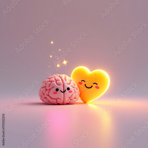 Cute 3D illustration of a happy brain and glowing heart symbolizing balance between logic and emotions, minimal design perfect for psychology, love, and mindfulness concepts