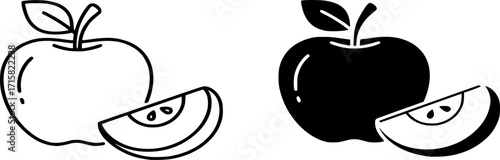 Apple with Slice Vector Icon Set. Line and Solid Healthy Fruit Symbol, Nutrition and Diet Illustration