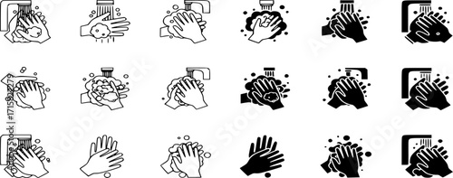 Hands wash Icon Set Vector. Line and Solid Illustration, Hygiene and Handwashing Symbol