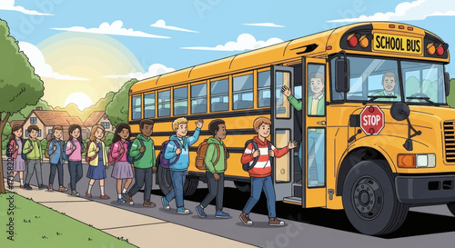 A diverse group of students with backpacks line up to board a yellow school bus on a sunny morning in a suburban neighborhood.