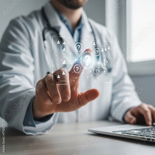 Doctor interacts with digital interface displaying question marks in a modern office