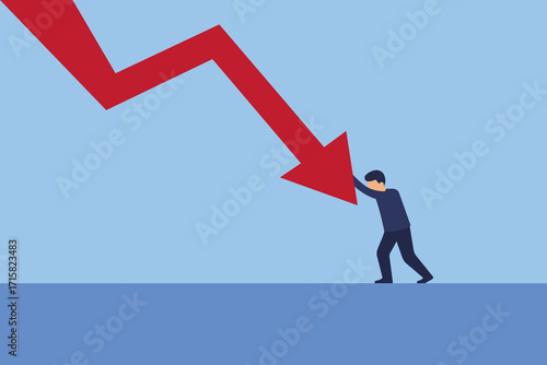 A minimal style of a red down graph of the financial crisis, economic downturn, inflation, recession.A businessman pushes a decrease business chart diagram