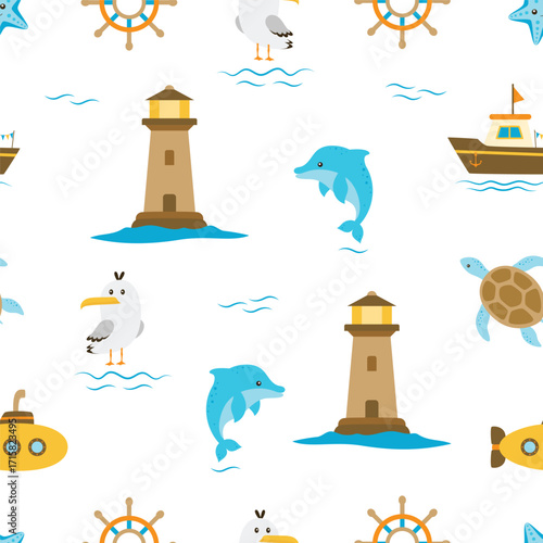 lighthouse marine seamless pattern