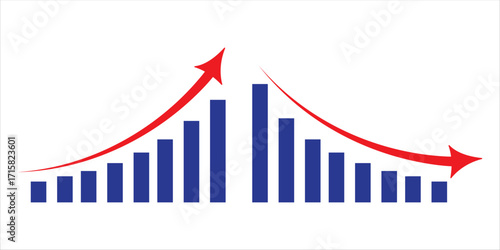Graph rise and decrease. Red arrow goes down sign and up.