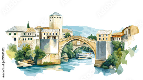 Stari Most. Stari Most watercolor vector illustration