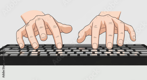 A detailed illustration of two hands positioned for touch typing on a dark computer keyboard against a neutral background.