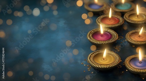 Happy Diwali festival background with diya oil lamps and fireworks. Diwali-themed abstract colorful background 