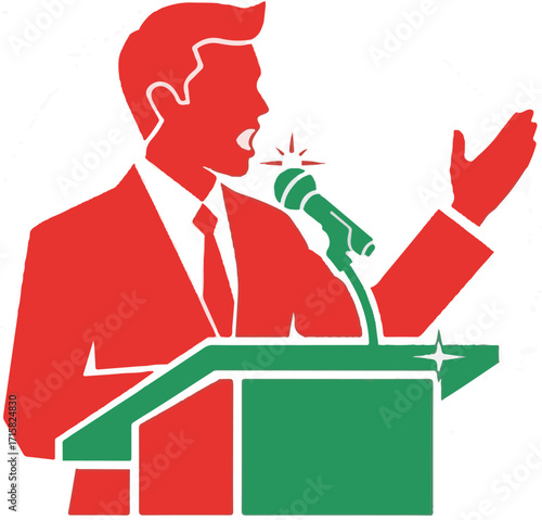Stylized Graphic of a Speaker Presenting at a Podium with a Microphone