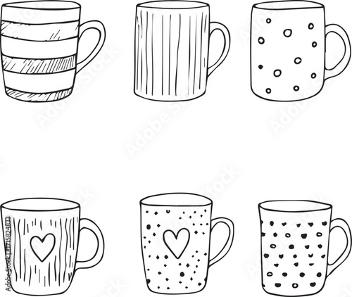 Set of 6 hand-drawn coffee mug illustrations with hearts, stripes, dots, and textured patterns in black and white line art