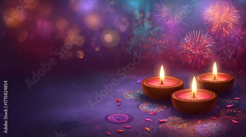 Happy Diwali festival background with diya oil lamps and fireworks. Diwali-themed abstract colorful background 