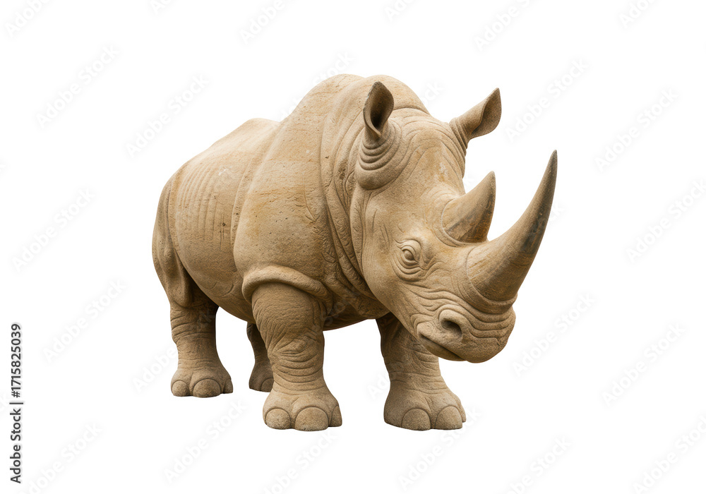 Fototapeta premium Isolated rhinoceros figure featuring textured surface and horn, standing on a surface