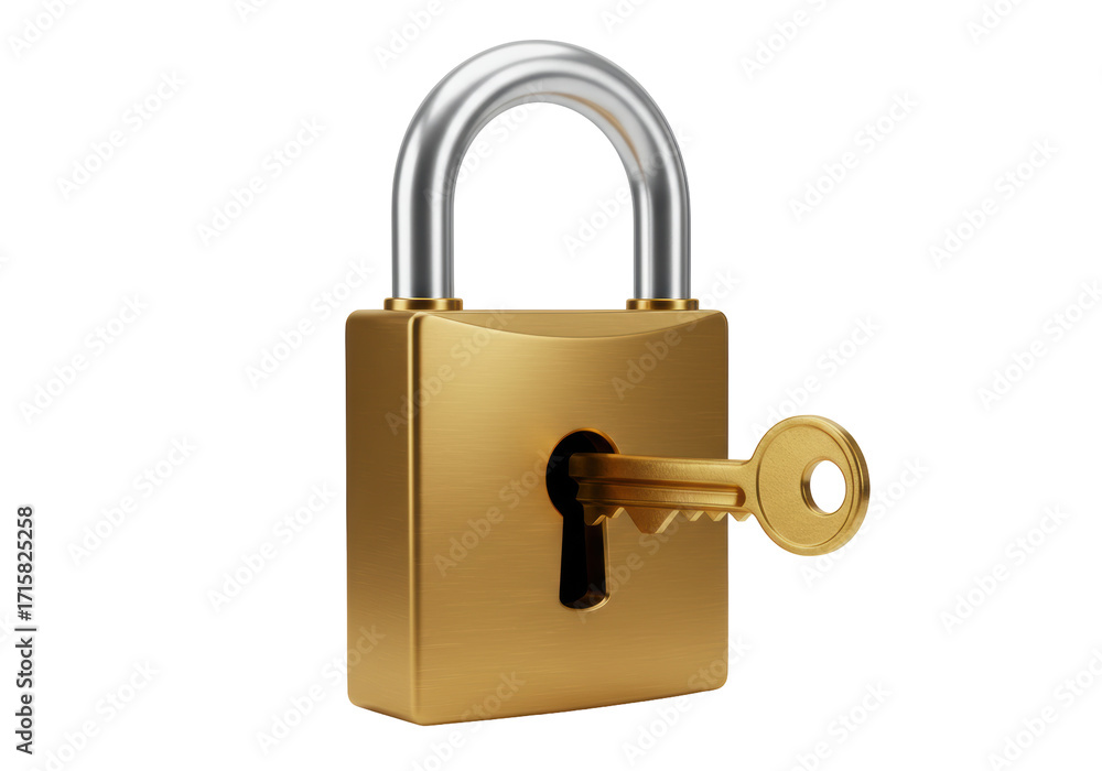 Naklejka premium Isolated gold padlock with key inserted, lock safety and security, privacy concept, secure storage