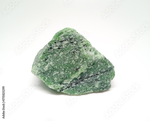 Rough clinozoisite specimen with green hues and dark bands, showcasing its granular texture and natural mineral formation, ideal for study or display.