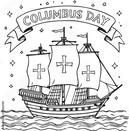 Black and white Columbus Day illustration with historic sailing ship, cross-emblem sails, ocean waves, stars, and banner text