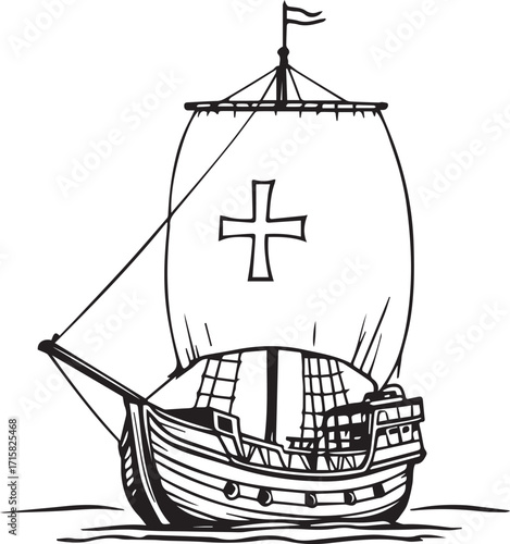 Black and white caravel ship illustration with cross-emblem sail, rigging, and waves for maritime exploration and history themes