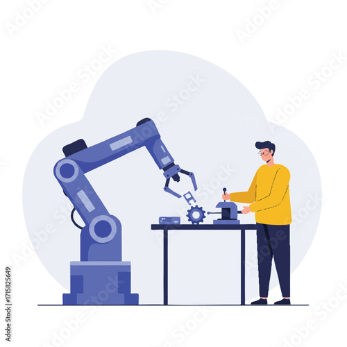 Vibrant flat 2D vector illustration of a human engineer and a collaborative robotic arm meticulously installing parts on a workbench, symbolizing teamwork and advanced manufacturing.