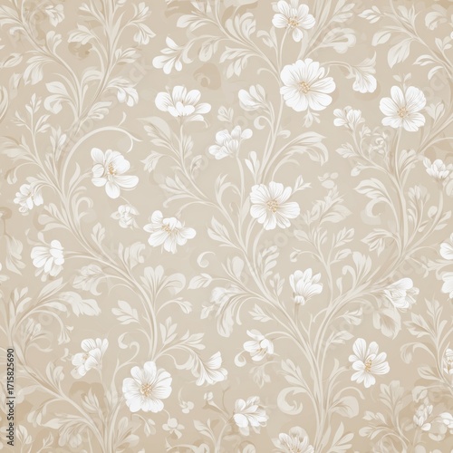 優雅な白い花柄の壁紙デザイン。インテリアや背景素材に最適なパターン。