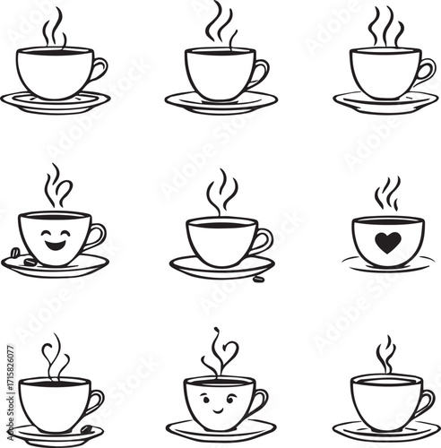 Set of 9 black and white coffee cup illustrations with steam, facial expressions, and heart accents in playful cartoon style
