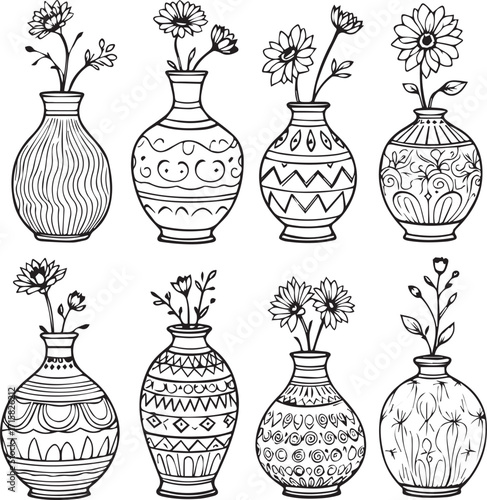 Set of 8 black and white vase illustrations with unique floral arrangements and decorative patterns in detailed line art style