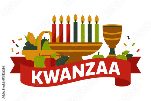 Kwanzaa banner, kinara candles, harvest bowl, unity cup, ribbon typography, festive African colors, cultural celebration design vector