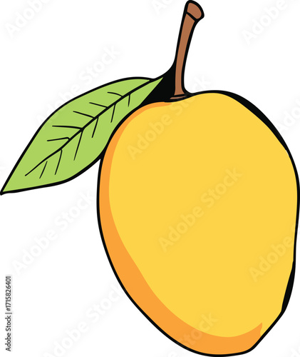 Cartoon-style ripe yellow mango with green leaf and brown stem in vibrant gradient for tropical fruit and food themes