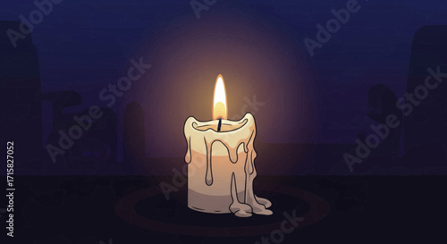A single lit cartoon candle with melting wax drips, illuminating a dark, mysterious room with a warm, soft glow.