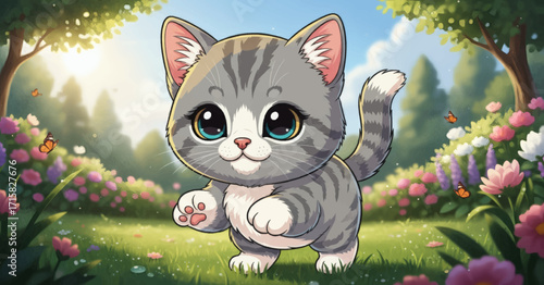 A cute grey tabby kitten with big blue eyes walking in a sunny, lush garden filled with colorful flowers and butterflies.
