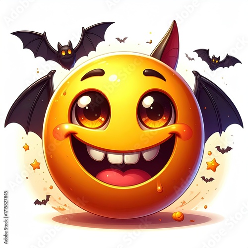 Happy Halloween Emoji with Bat Illustrations and Cheerful Vibes