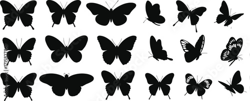 Butterfly silhouette collection, insect outline vector, flying butterfly shapes, decorative nature design, black insect pattern, CAD drawing flat vector illustration