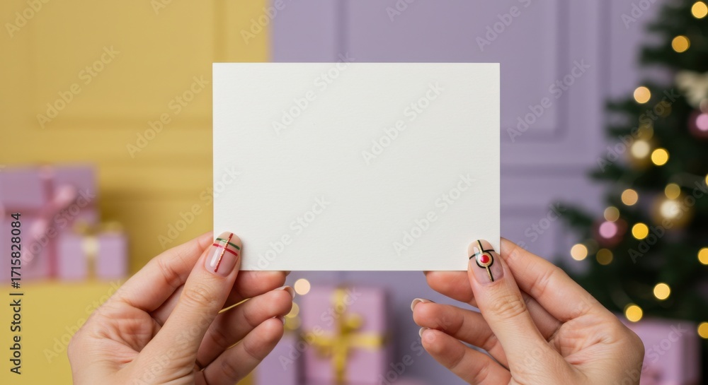 Obraz premium Woman holding blank greeting card. Christmas and New Year festive mockup for holiday wishes and celebrations. Place for ad on blank banner.
