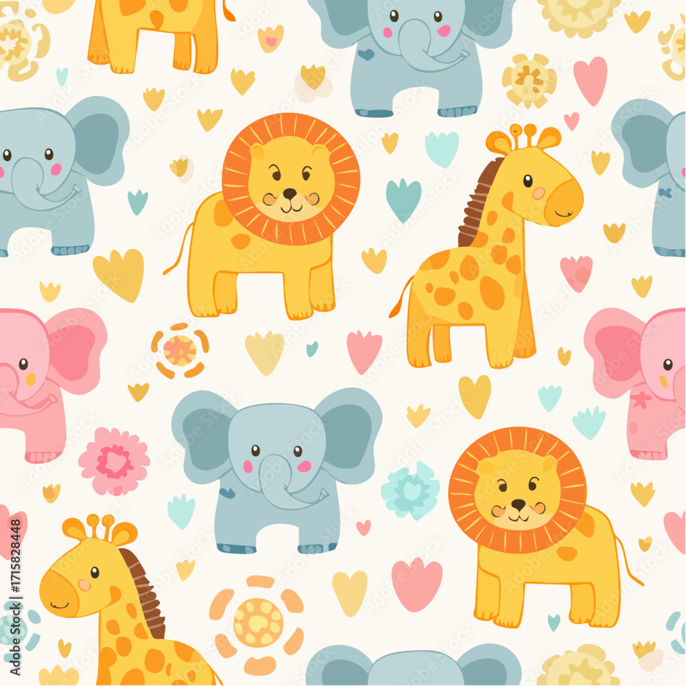 Naklejka premium Delightful seamless pastel safari animal pattern with baby elephants, giraffes, and lions. Cute cartoon vector design for nursery fabrics, kids’ wallpapers, and jungle-inspired decor.