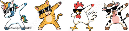 Funny cartoon animals dabbing, cool unicorn, stylish cat, dancing chicken, happy cow, mascot character illustration, vector design artwork, cad drawing flat vector illustration