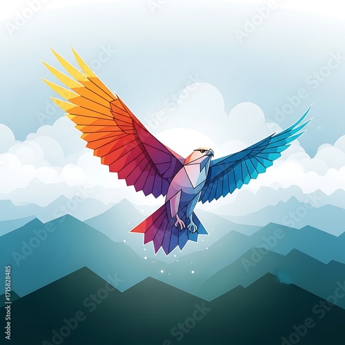 A vibrant, colorful hawk, composed of geometric shapes, soars freely amidst a tranquil mountain range.