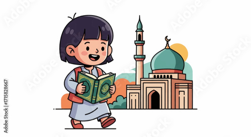 A happy Muslim girl reads the Quran while walking in front of a mosque.