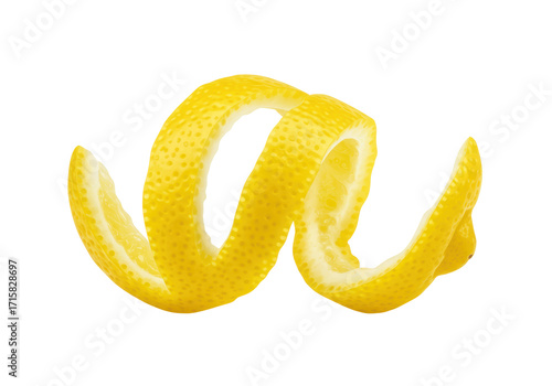 Isolated Citrus Fruit Peel, Yellow Lemon Rind Spiral for Refreshing Ingredient or Cocktail Garnish