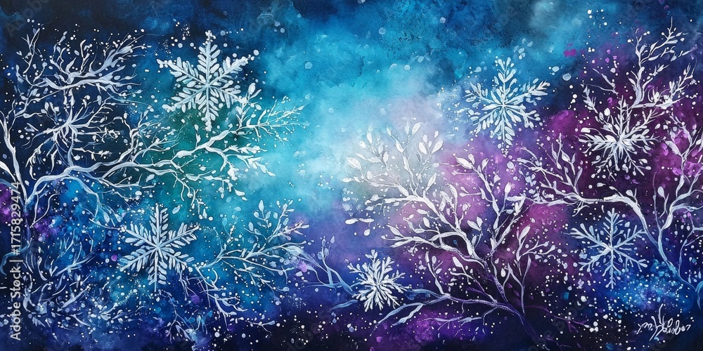 Fototapeta premium Unique crystalline snowflakes drift over a midnight blue sky.