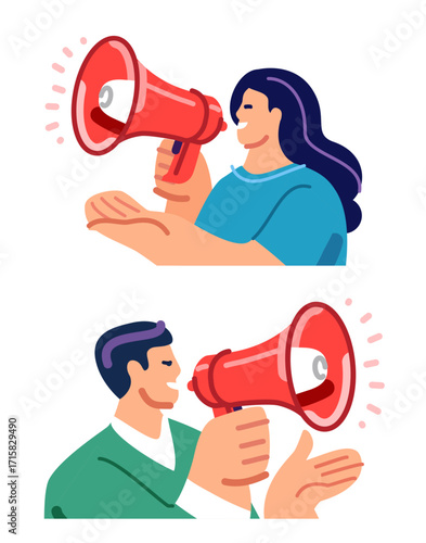 Speaker with megaphone. Loudspeaker for announcing and communication. Business, marketing and advertising concept