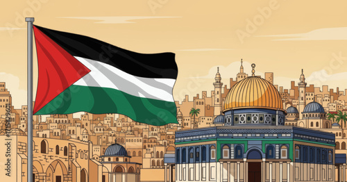 An illustration of the Palestinian flag waving over the historic city of Jerusalem, with the Dome of the Rock prominently featured.