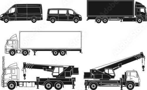 Utility vehicles, transport trucks, cargo vans, crane trucks, commercial fleet, industrial transport, black and white, isolated, side view, illustration