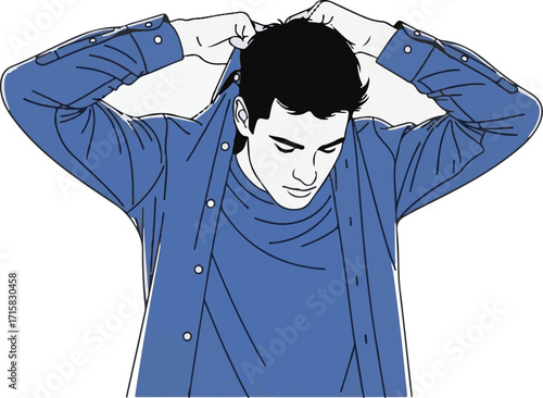 Graphic Illustration of a Young Man Getting Dressed in a Blue Button-Up Shirt