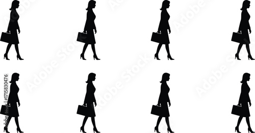 Silhouette illustration of professional businesswoman walking with handbag in formal office attire and high heels isolated vector corporate design art