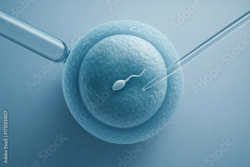 Top view of sperm cell and injection pipette entering oocyte. Concept of IVF laboratory procedure for infertility treatment. Can be used in education, healthcare, digital media.