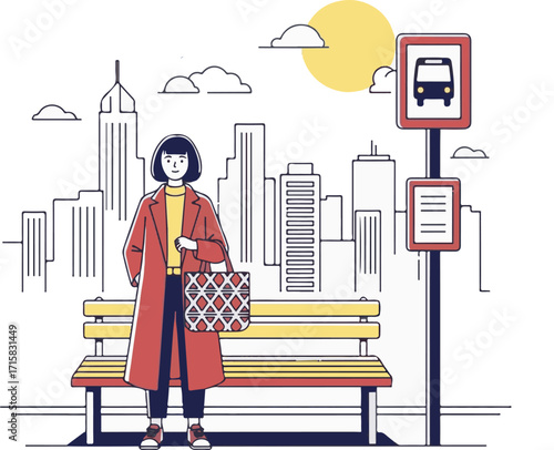 Urban Illustration of a Stylish Woman Waiting at a Bus Stop with a City Skyline