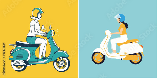 Women Riding Scooters with Helmets, Illustrated in Contrasting Styles