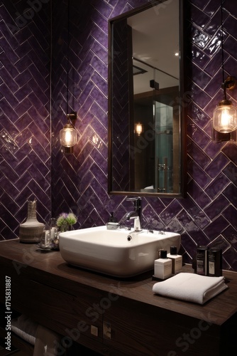 A stylish bathroom vanity with a dramatic purple herringbone tiled wall, showcasing a sleek white sink and dark wood countertop.