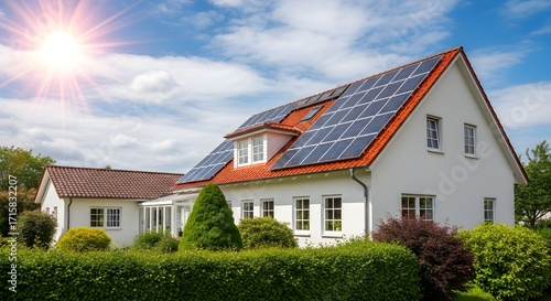 Modern white house with solar panels on the roof under a sunny sky