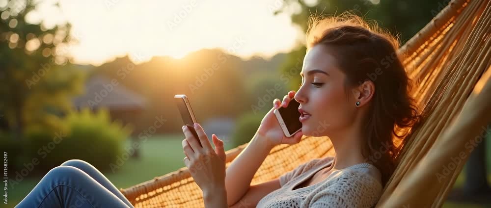 Person seated in woven hammock making afternoon phone call with smartphone held to ear and sunlit garden scenery in background for remote connection in Photo Stock Concept and empty space on the le